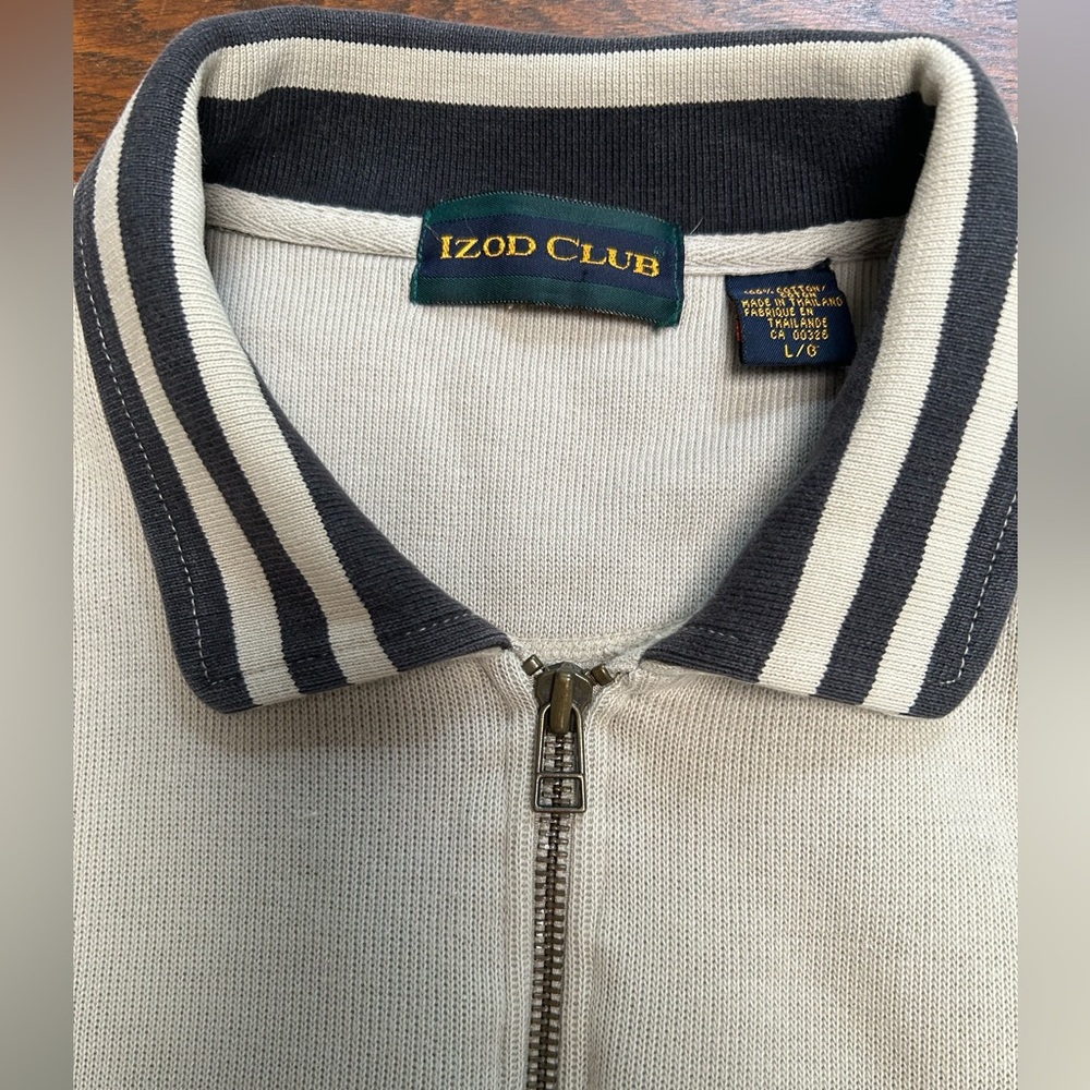 Izod Men's ZipUp Sweater in Light Tan/gray neutral w/brown trim,has quarter zip.